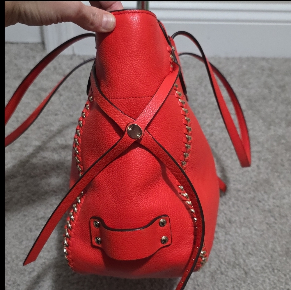Coach Coral-Red Leather Tote with Whipstitch Accents - Picture 10 of 16